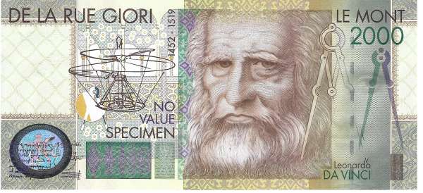 De La Rue Giori 2,000 Leonardo da Vinci Test Note, 2000, UNC, Specimen