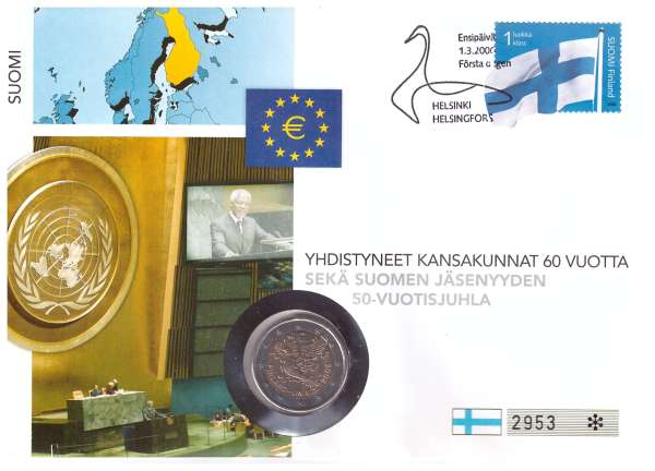 Numisbrief 2 Euro Finnland 2005 50 Jahre UN
