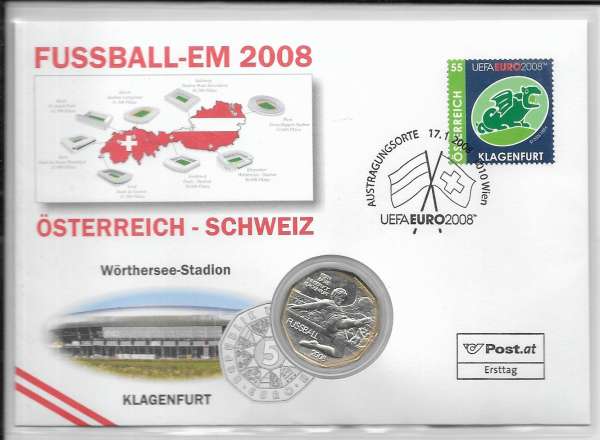 NBE 16 Em 2008 Wörtersee-Stadion Numisbrief mit 5 Euro Silber Stürmer