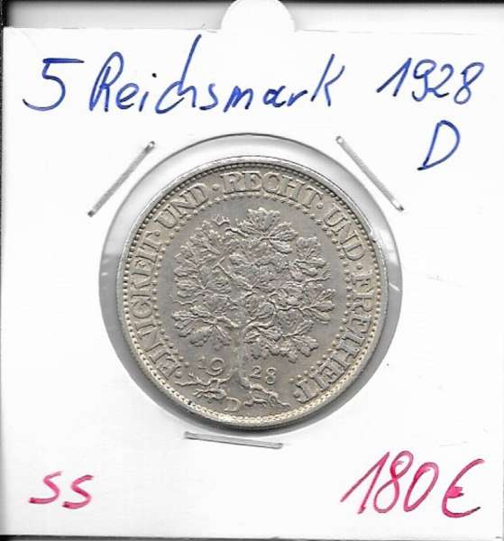 5 Reichsmark 1928 D"Eichbaum", Jg.331, Silber