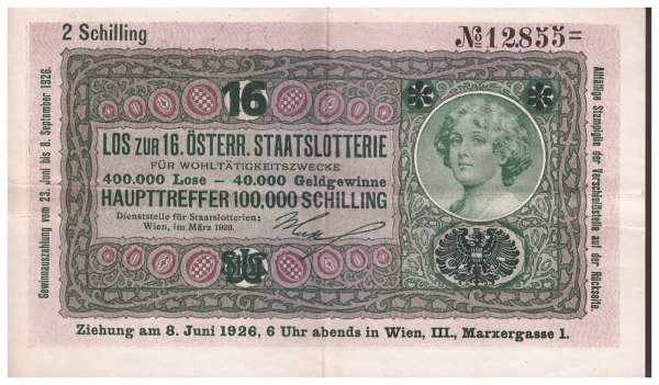 Donaustaat Noten 10 Kronen mit Lotterieaufdruck 1926 ANK193 Nr.12.855
