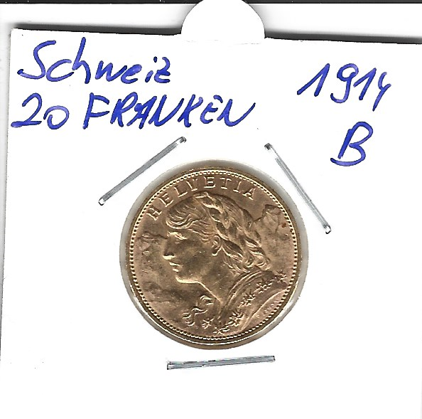 20 Franken 1914 B Vreneli Schweiz Gold