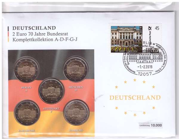 2 Euro Numisbrief Deutschland 2019 Bundesrat alle 5 Prägestätten A,D,F,G,J