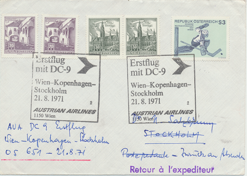 Erstflug Aua DC-9 Wien - Kopenhagen - Stockholm 21.8.1971