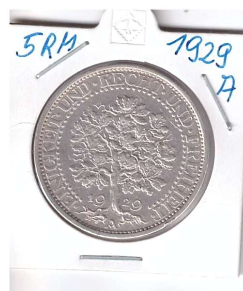 5 Reichsmark 1929 A"Eichbaum", Jg.331, Silber