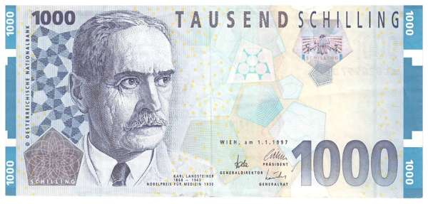 1000 Schilling 1.1.1997 Karl Landsteiner Ank.292 gebraucht. NR: AC 929997 B Pick 152