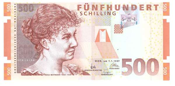 500 Schilling 1.1.1997 Rosa Mayreder Bankfrisch unc.1 Nr. AC599356W Pick 154