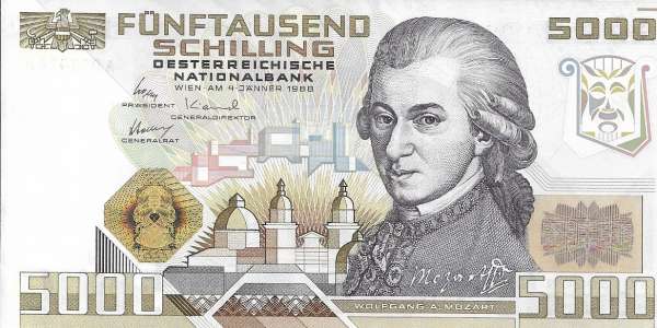 5000 Schilling 4.1.1988 Wolfgang Amadeus Mozart Erh.1- minus unc, Nr.A015024N Ank.Nr. 290 Pick 15