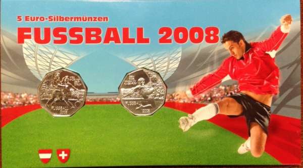 5 Euro 2008 Silber Ag Fussball 2008 Stürmer & Dribbler Blister ANK Nr. 11b