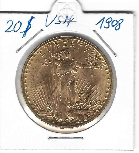 20 Dollar 1908 USA Gold $20, Double Eagle St. Gaudens U.S. Mint