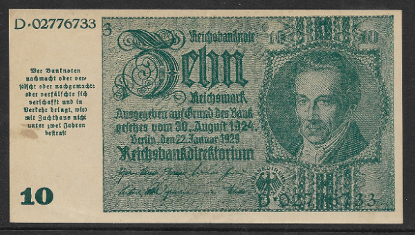 10 Reichsmark 22.1.1929 Ausgabe 1945 mit Strafsatz