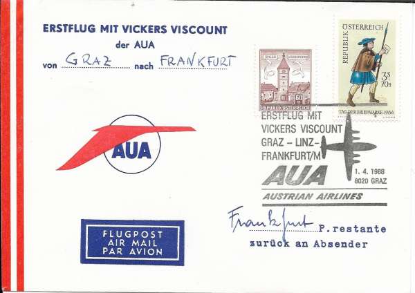 Erstflug Vickers Viscount AUA Graz-Linz- Frankfurt 1.04.1968