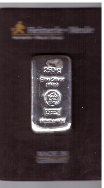 250 Gramm 1/4 Kilo Silber Barren Heimerle+Meule Feinsilber 999,9