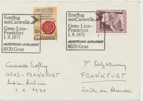 Caravelle Erstflug Aua Graz - Linz - Frankfurt 1.9.1971