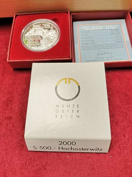 ANK Nr. 57 Burg Hochosterwitz 2000 PP 500 Schilling Silber nur Box mit Schleife