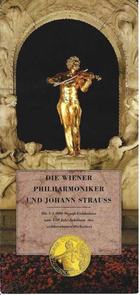 1992 Die Wr. Philharmoniker & J.Strauss 1000 Schilling Gold nur Flyer Folder Münze Ö.