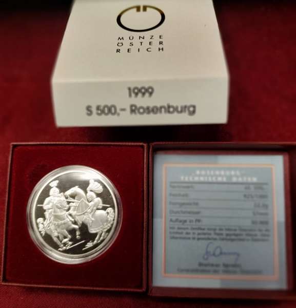 ANK Nr. 55 Rosenburg 1999 PP 500 Schilling Silber nur Box mit Schleife
