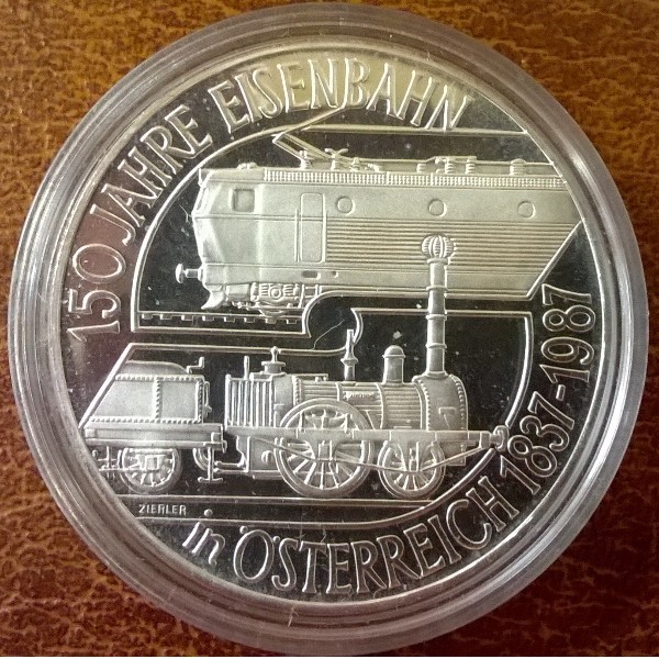 ANK Nr. 30 150 Jahre Eisenbahn in Österreich 1987 PP 500 Schilling Silber