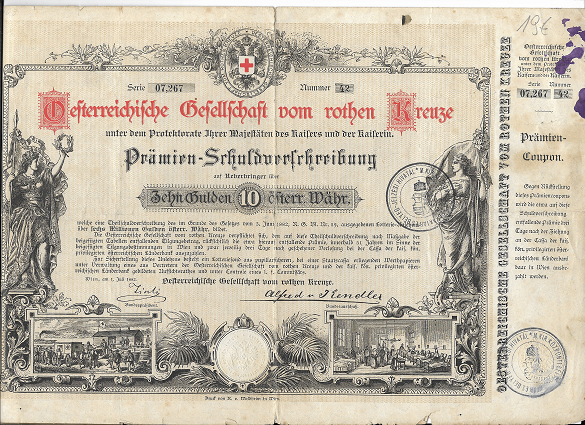 Österreichische Gesellschaft vom roten Kreuze 10 Gulden 1882 Schuldverschreibung