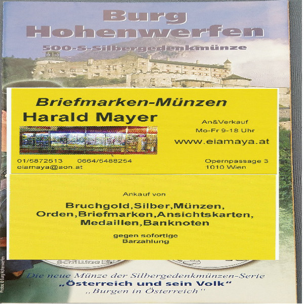 Burg Hohenwerfen 2000 500 Schilling Silber - nur Flyer Folder