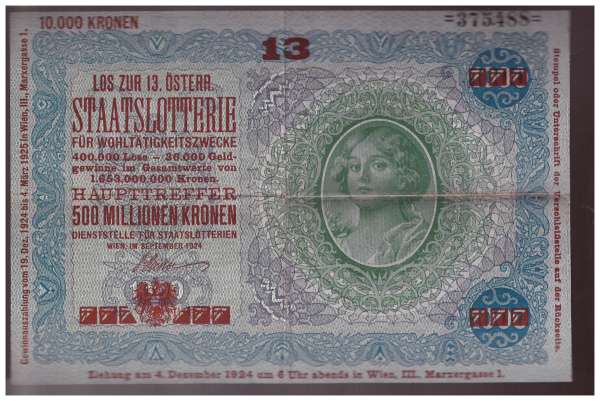 Donaustaat Noten 1000 Kronen mit Lotterieaufdruck 13 Lotterie 1924 ANK197-375488
