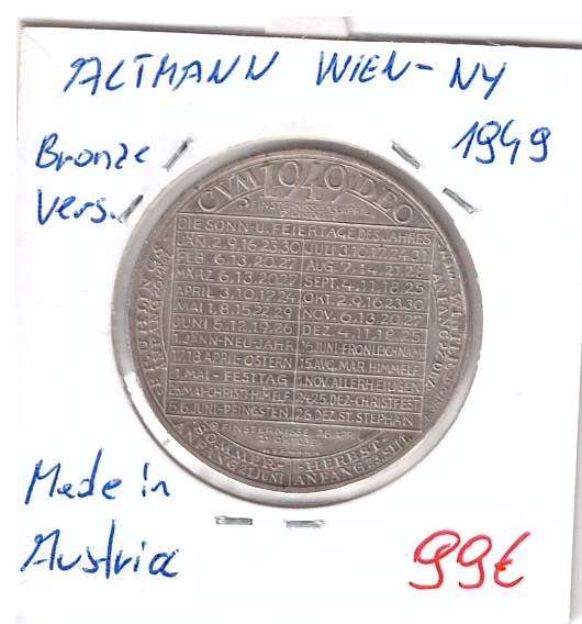 1949 Kalendermedaille Altmann Wien New York Bronze versilbert Made in Austria