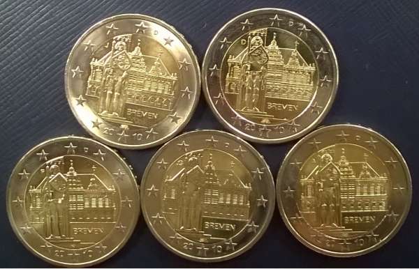 2 Euro Deutschland 2010 Bremen alle 5 Prägestätten