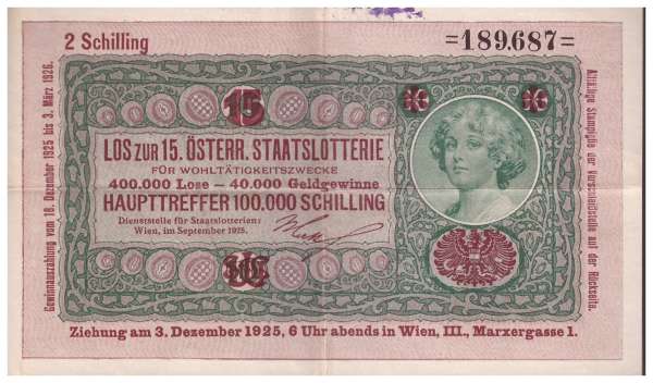 Donaustaat Noten 10 Kronen mit Lotterieaufdruck 1926 ANK193 Nr.189.687