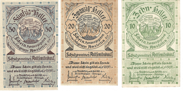 Amstetten Schutzverein Antisemitenbund 10, 20, 50 Heller 1920