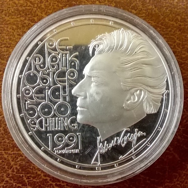 ANK Nr. 39 Herbert von Karajan 1991 PP 500 Schilling Silber