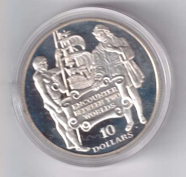 Barbados 10 Dollars 1991 "Entdeckung Amerika" Silber Münze PP ca.31 Gramm