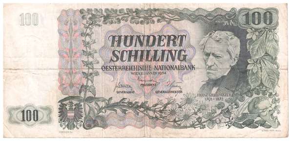 100 Schilling 2.1.1954 Franz Grillparzer Dürnstein Ank. 271 Nr.BG762779 Gebraucht