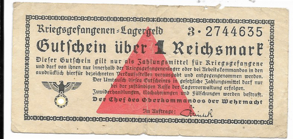 Kriegsgefangenen Lagergeld 1 RM Reichsmark 3*2744635