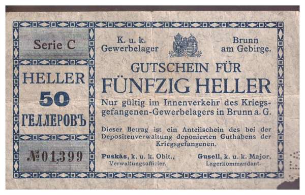 50 Heller Kriegsgefangenen-Gewerbelagers Brunn am Gebirge NÖ 01,399