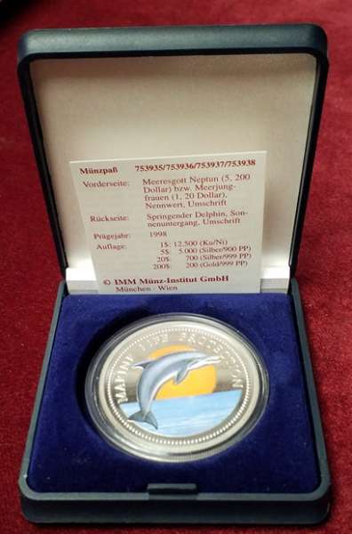 5 Dollar 1998 Meeresgott Neptun Springender Delphin Silber Palau 5000 Stück