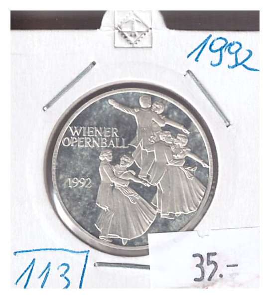Nr. 113 Wiener Opernball Tanzpaare 1992 Casinos Austria Silber Casino Jeton 100 Schilling