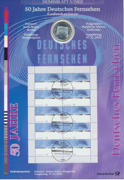 Numisblatt Deutschland 2002/5 "50 Jahre Deutsches Fernsehen" mit 10€ Silbermünze Gedenkmünze