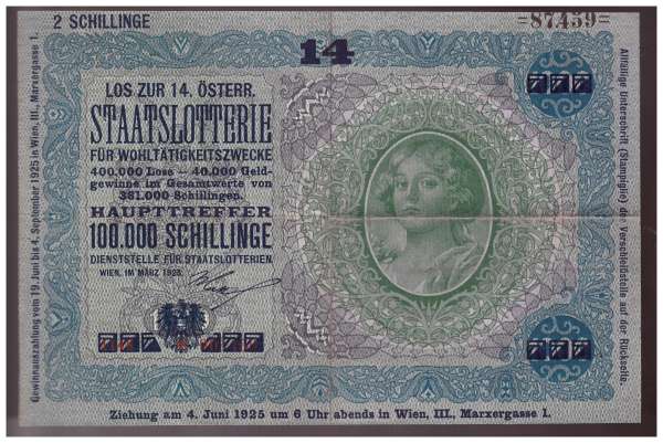 Donaustaat Noten 1000 Kronen mit Lotterieaufdruck 14 Lotterie 1925 ANK197-87.459