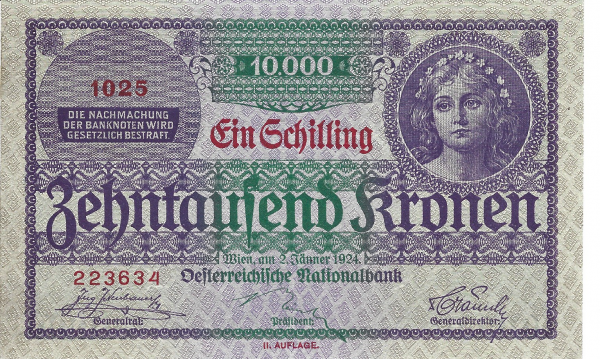 1 Schilling 10000 Kronen 2.1.1924 Pick 87 Ank 210 Nr 1025-223634