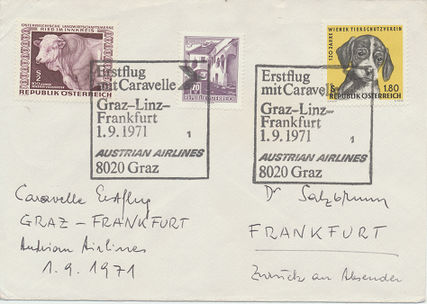 Caravelle Erstflug Aua Graz - Linz - Frankfurt 1.9.1971