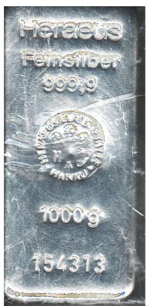 1 Kilo 1000 Gramm Silber Barren Heraeus 999,9 Fein