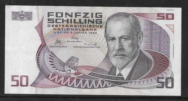50 Schilling 2.1.1986 Sigmund Freud Gebraucht G 954108 K Ank Nr.288 Pick 149