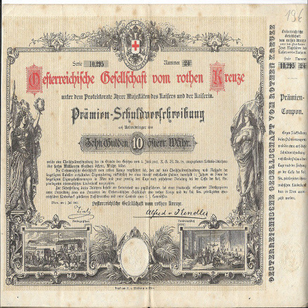 Österreichische Gesellschaft vom roten Kreuze 10 Gulden 1882 Schuldverschreibung