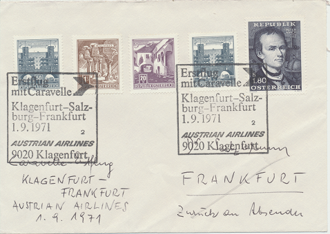 Caravelle Erstflug Aua Klagenfurt- Salzburg - Frankfurt 1.9.1971
