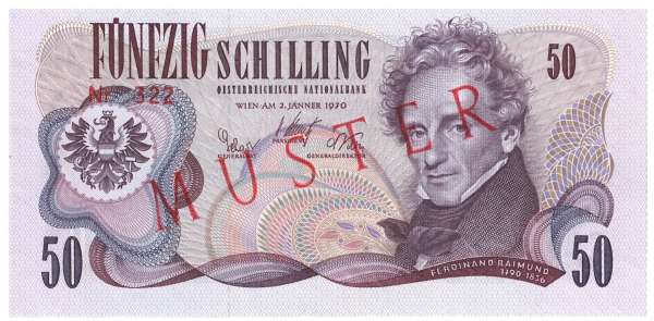 50 Schilling 2.1.1970 Ferdinand Raimund Muster ANK 283 Burgtheater