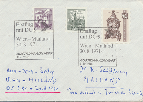 Erstflug Aua DC-9 Wien - Mailand 30.8.1971