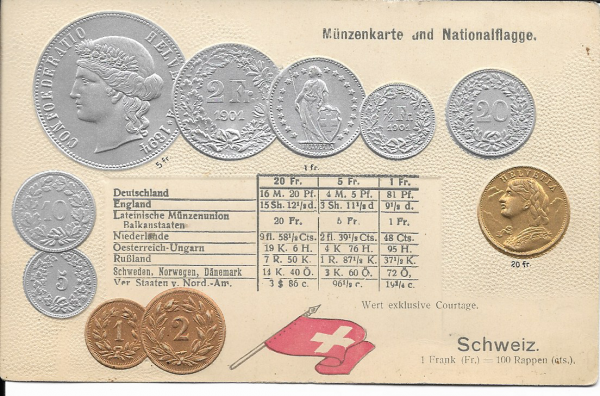 Präge-AK Schweiz, Nationalflagge und Münzen mit Umrechnungstabelle