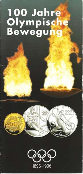 100 Jahre Olympische Bewegung 1000 +200 Schilling Gold+Silber 1995 - nur Flyer Folder Schöllerbank