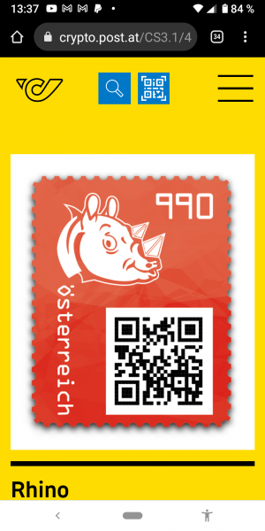Crypto Stamp 4 - Rhino Rot / 4 Rhino red crypto stamp edition Postfrisch