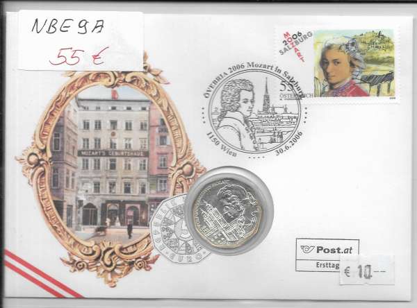 NBE 09 a) 2006 Mozart in Salzburg Stempel Wien Numisbrief mit 5 Euro Silber